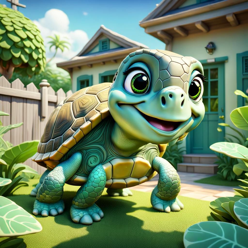 Smiling Turtle in Garden, Pixar-style 3D Art