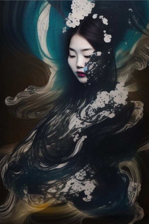 Korean Girl Portrait Dissolving in Ink Painting