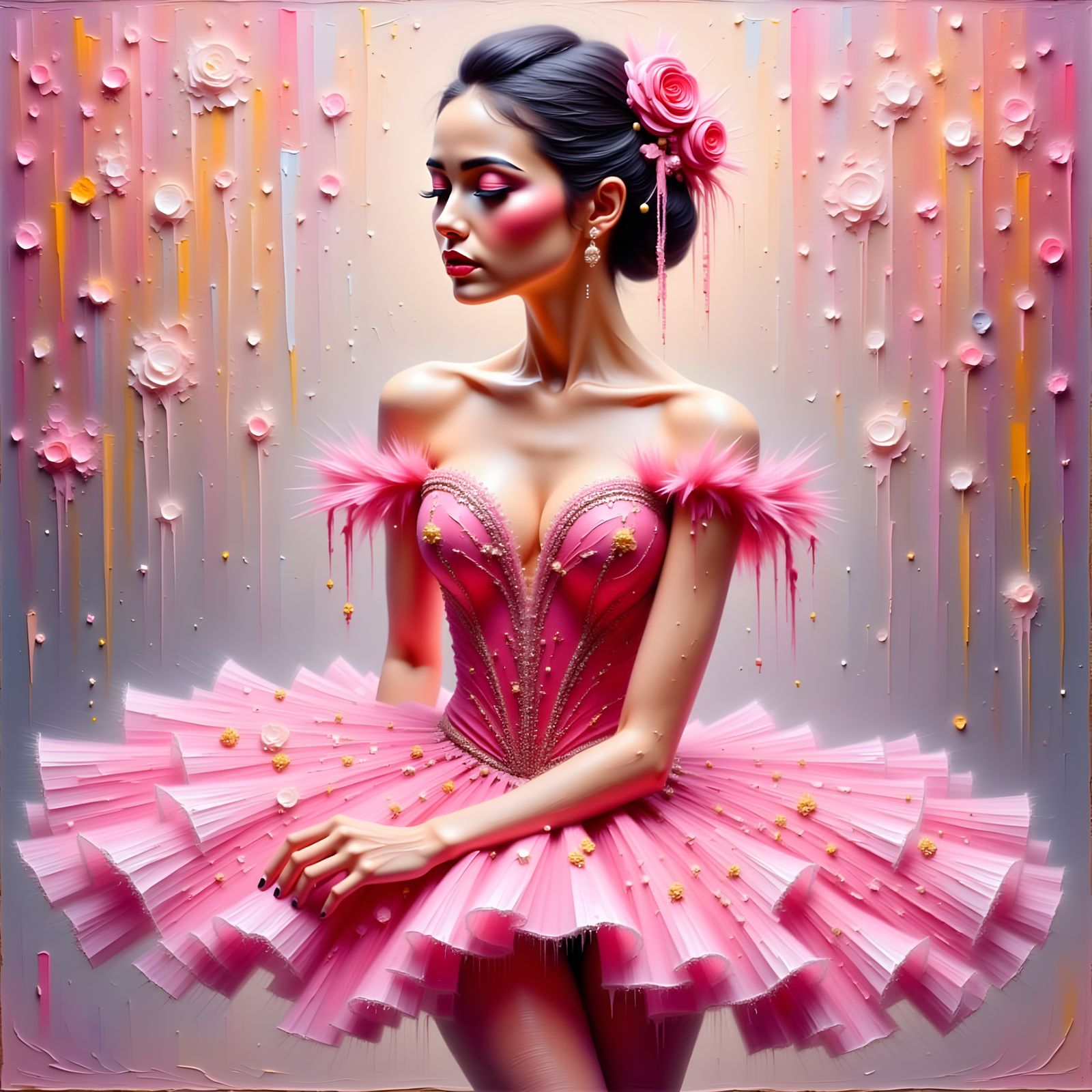 Ballerina in Embroidered Tutu: Palette Knife Painting