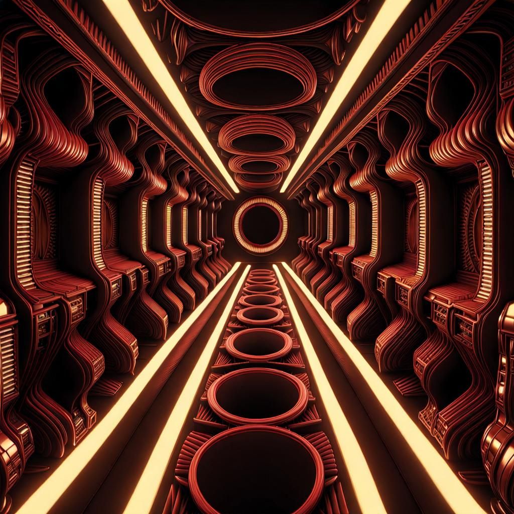 F=M×A intricately detailed H.R. Giger hyperdetailed volumetric lighting Moebius Roger Dean complementary colors deep col...