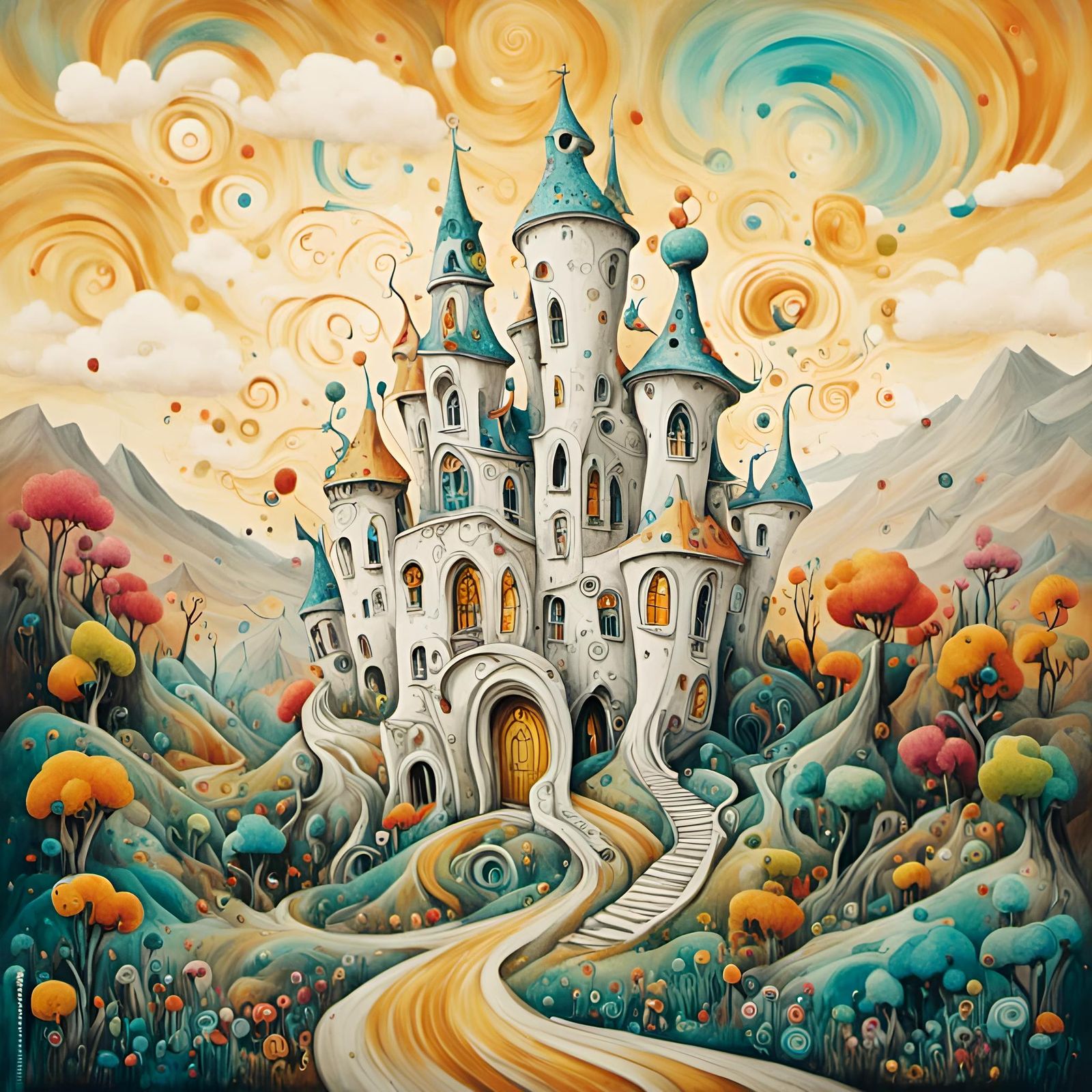 Surreal White Castle Inspired by Klimt and Tiffany