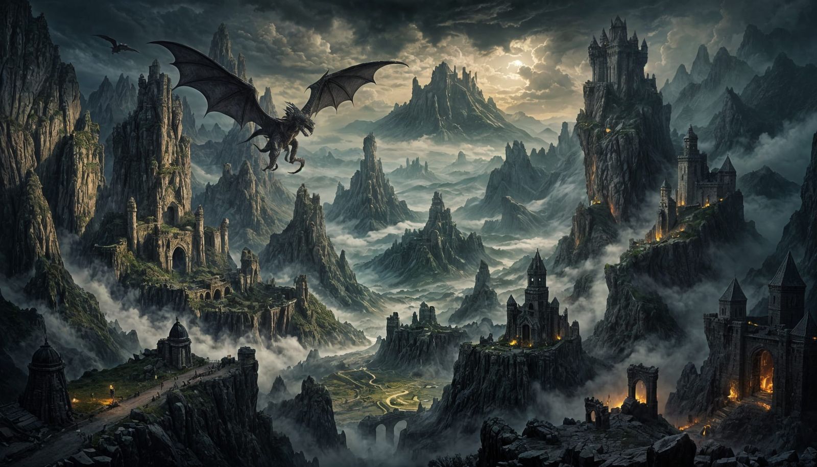 Mystical Dragon Landscape with Ancient Fortress