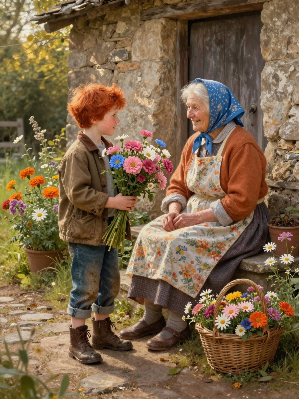 Boy Gifts Flowers to Grandmother Outside Cottage