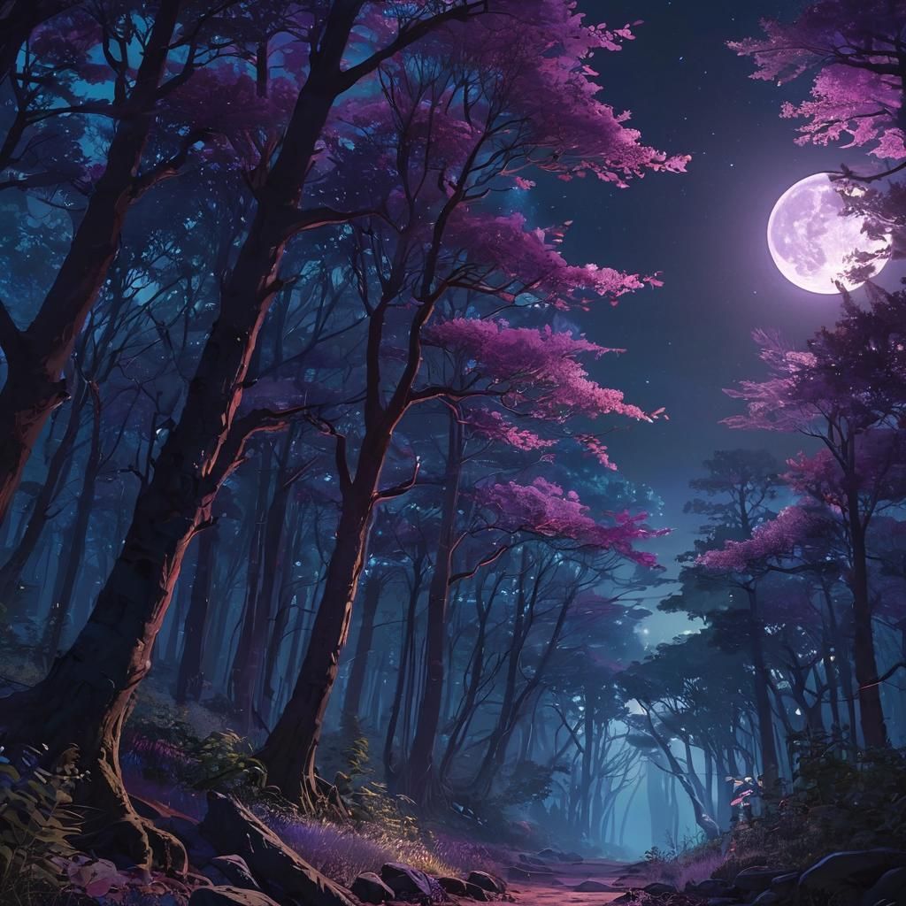Surreal Anime Forest Glows Under Detailed Moonlight