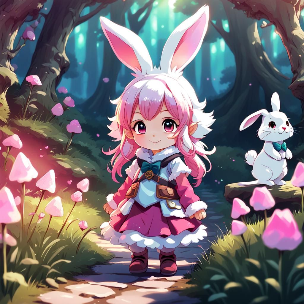 Gnome Woman and White Rabbit in Anime Style