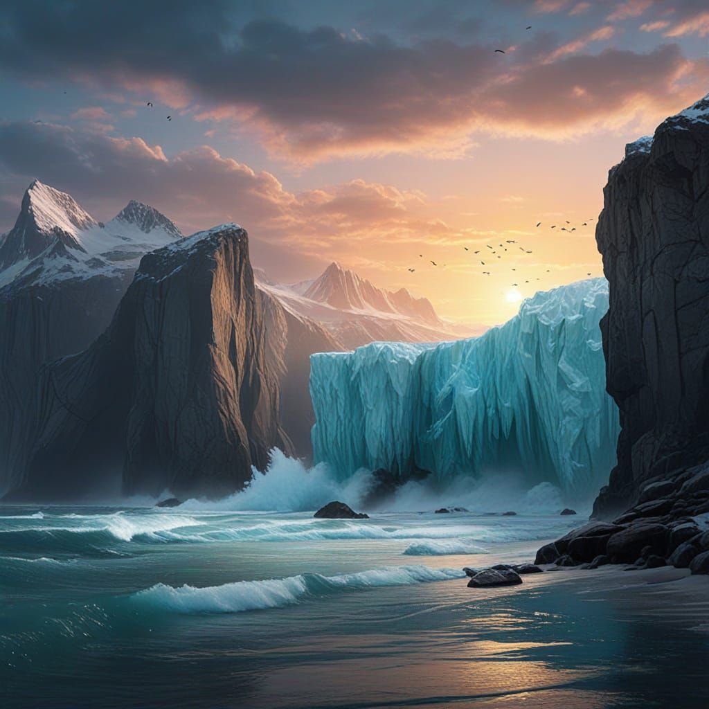 Penguins Diving in Serene Dawn Light Digital Matte Painting