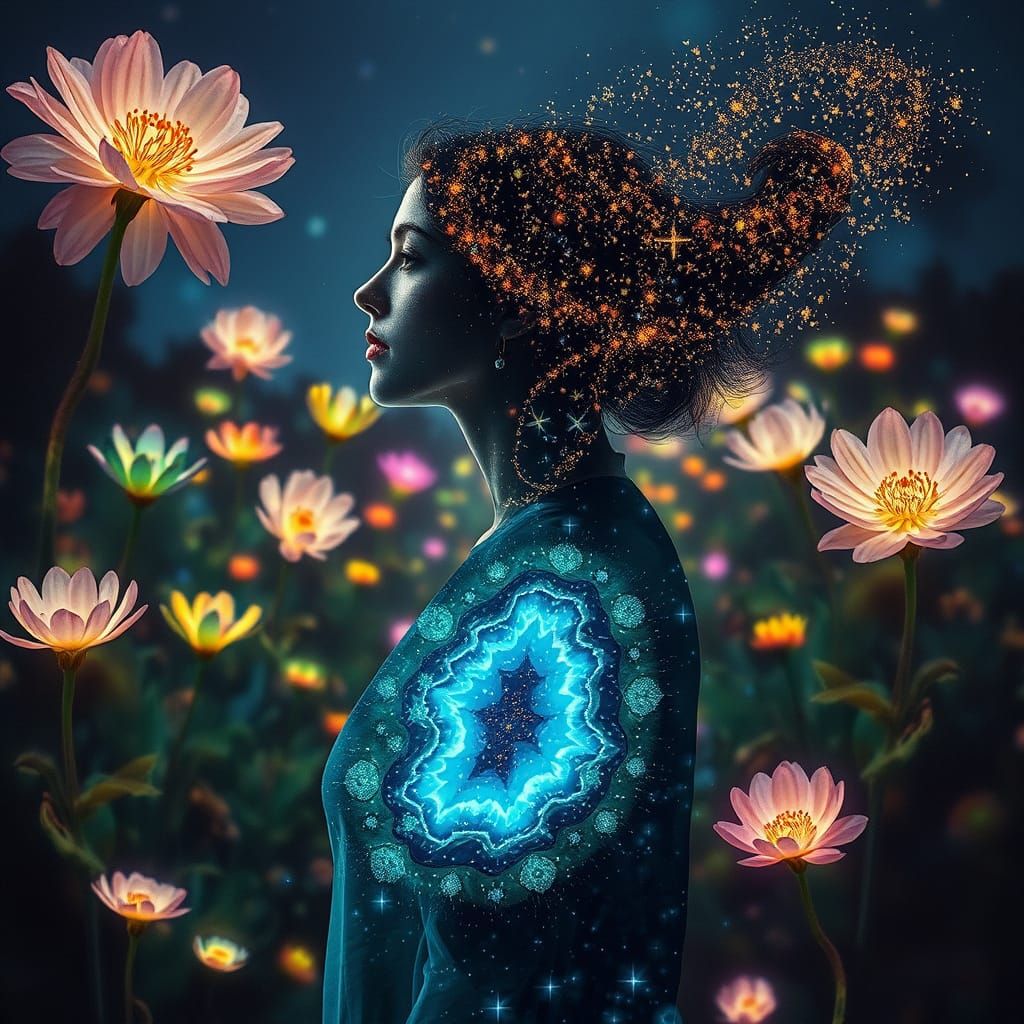 Woman with Stardust Hair in Cosmic Garden