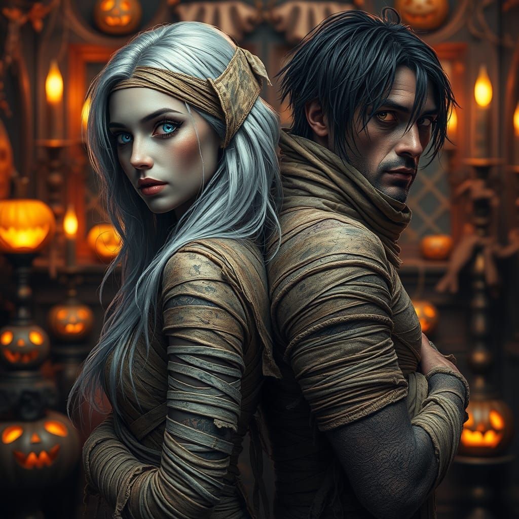 Elegant Mummies in Halloween Portrait, Hyperrealistic Art