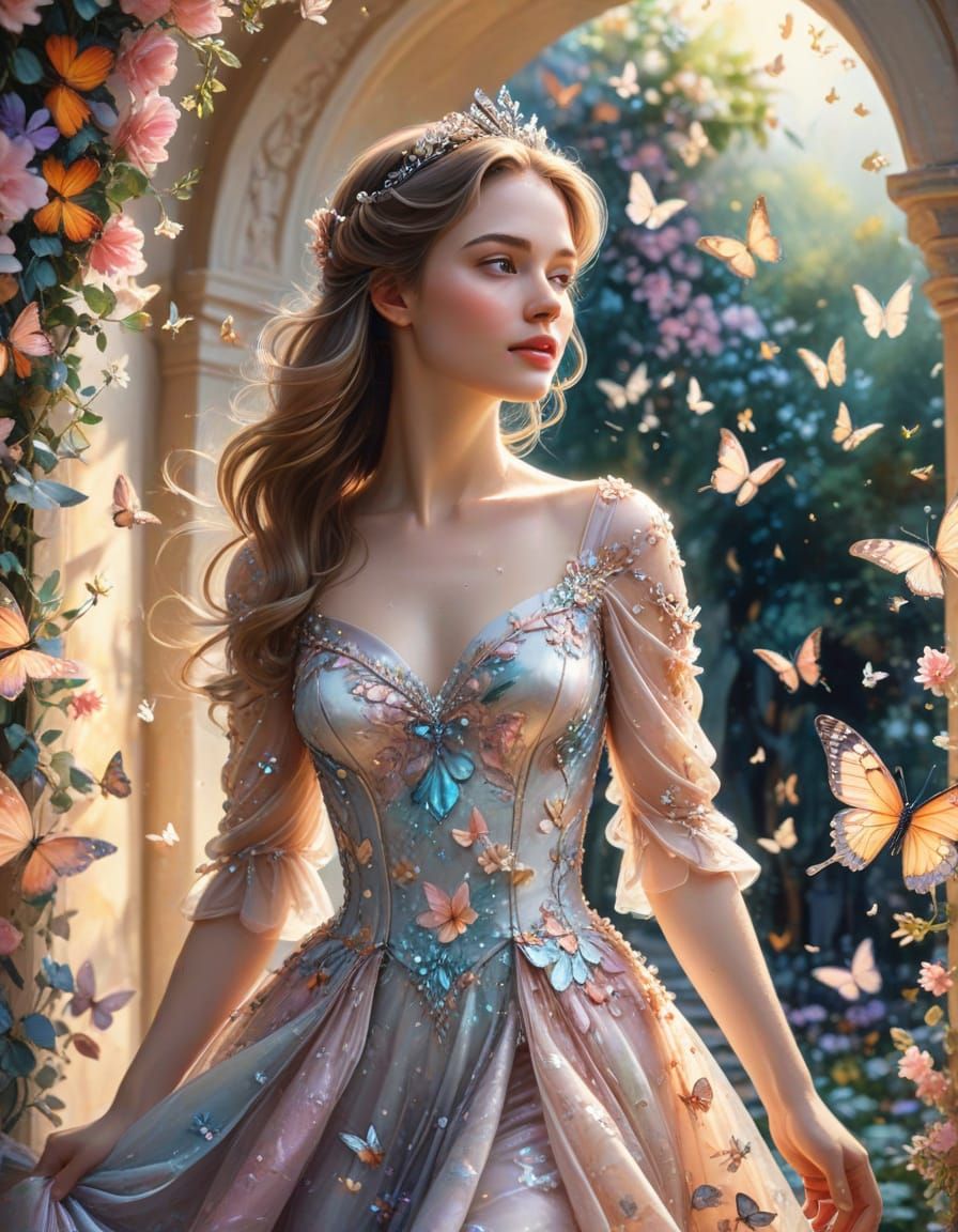 Princess Surrounded by Butterflies in Watercolor Style