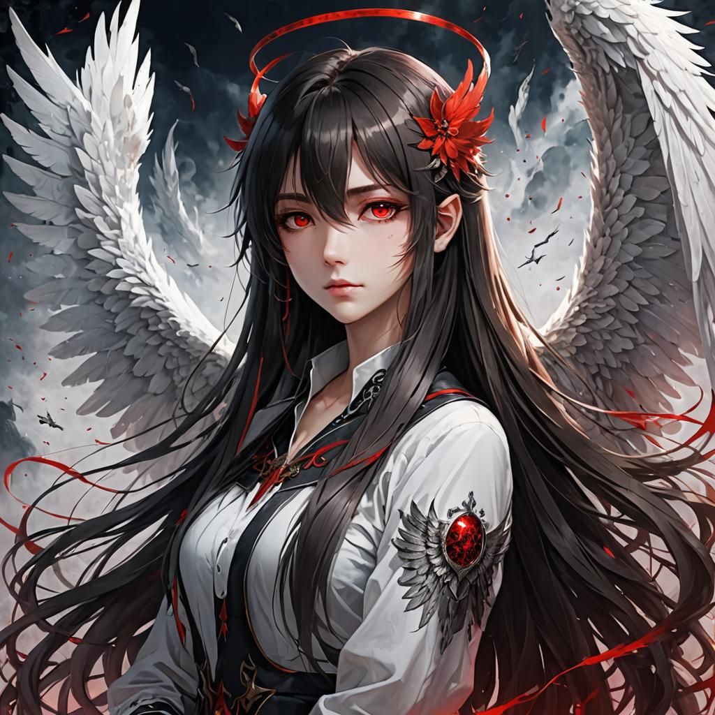 Winged Figure with Long Hair and Red Eyes