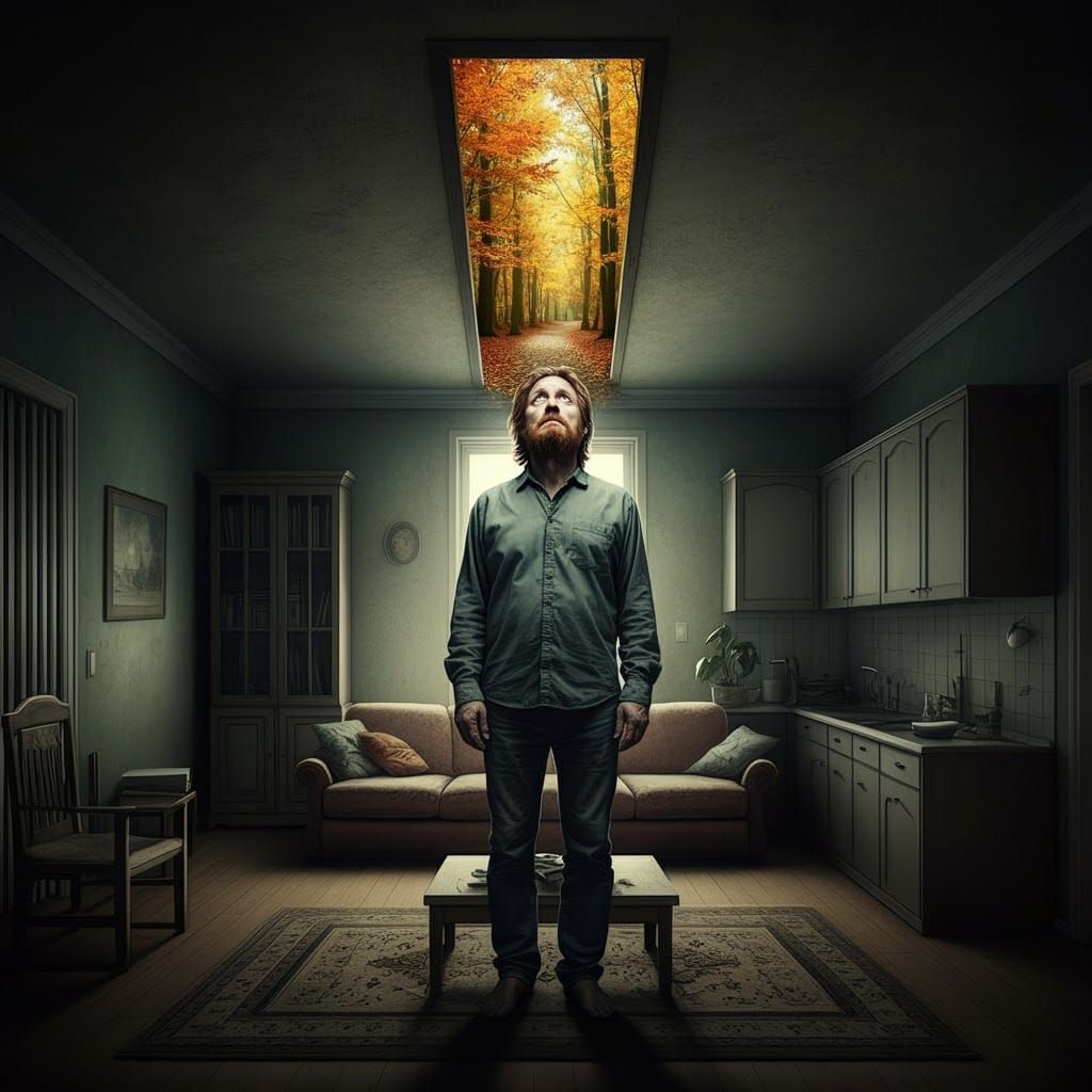 Melancholy Man Finds Autumn Portal, Surreal Art