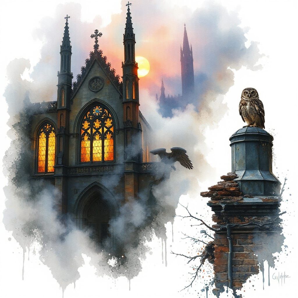 Gothic Cathedral Twilight Shrouded in Mystical Fog