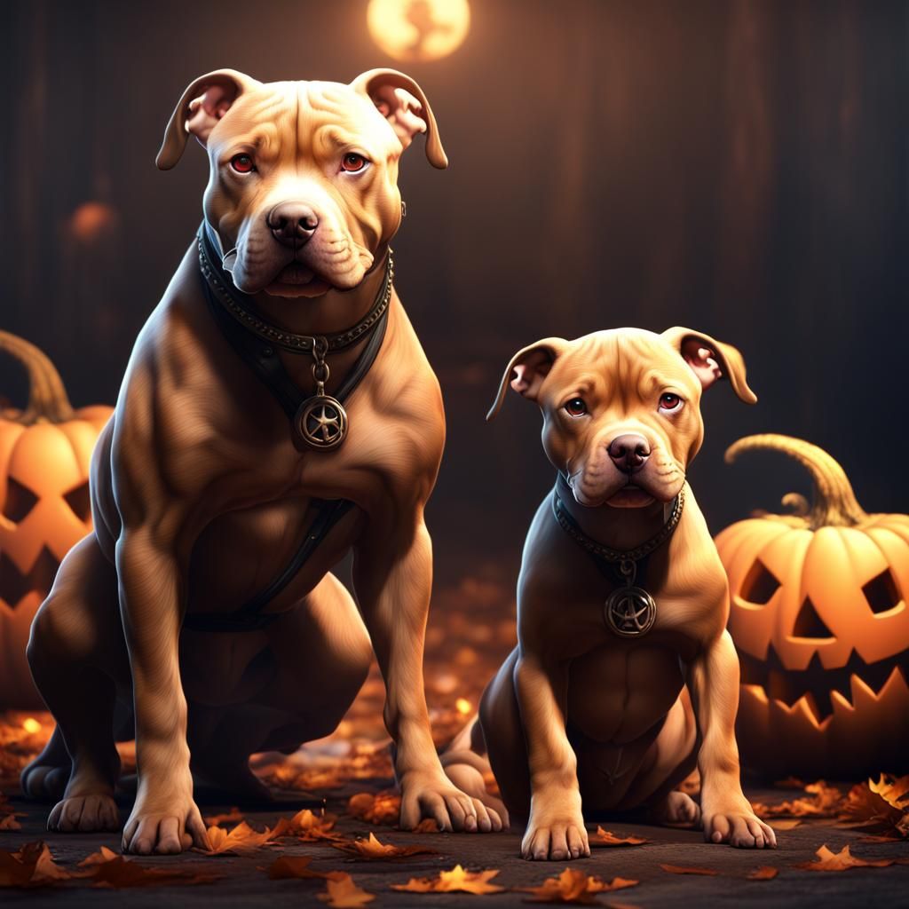 Halloween Pitbull Family: Detailed Matte Painting
