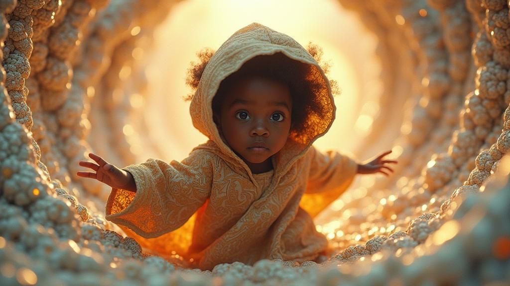 Quantum Man Navigates Subatomic Realm in Dreamlike Style