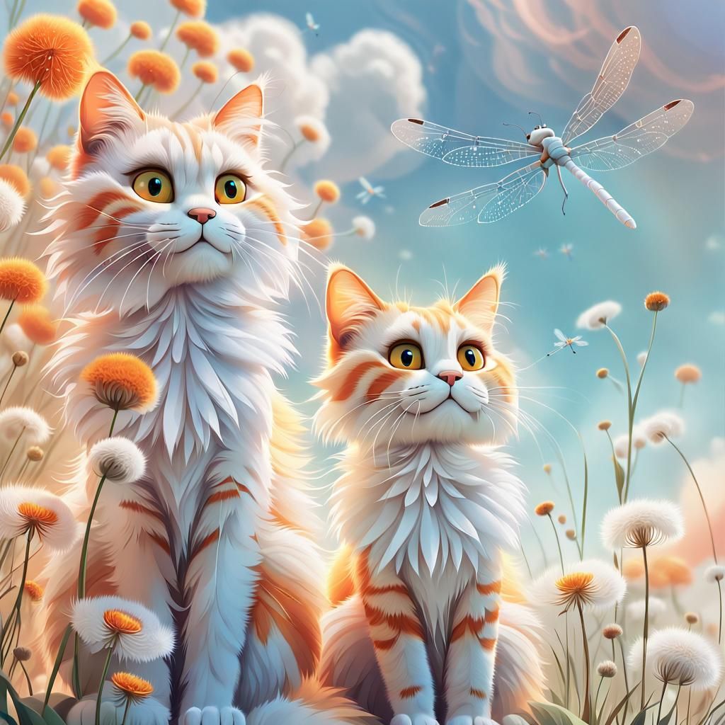 Whimsical Cats Gazing at Dragonfly in 3D Digital Art