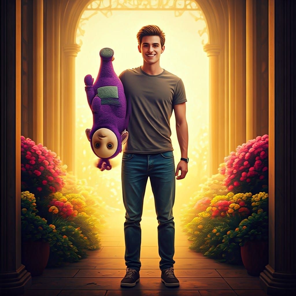 Young Man Holds Upside Down Teletubby in Whimsical Dreamlike...