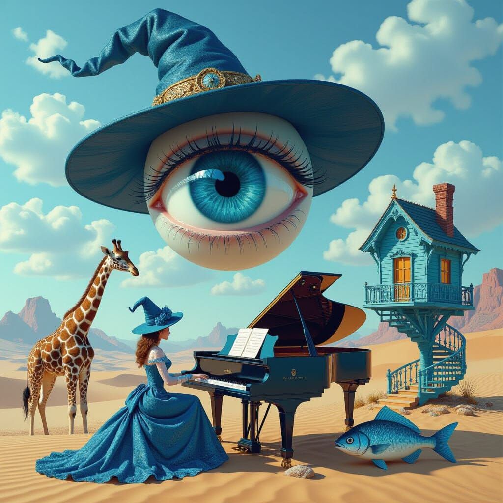 Surreal Desert Dreamscape with Eyeball and Burning Piano