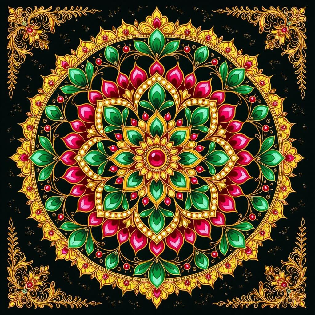 Ornate Indian Mandala with Jewels in Raja Ravi Varma Style