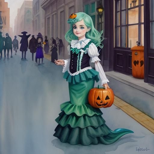 Mermaid Girl Trick-or-Treating: Watercolor Digital Art