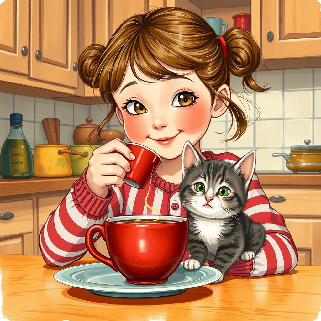 Young Girl Serves Coffee in Cozy Kitchen, Surrounded by Whim...