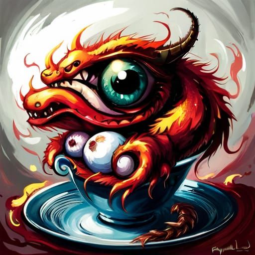 Fluffy Eyeball Chibi Dragon in Porcelain Cup