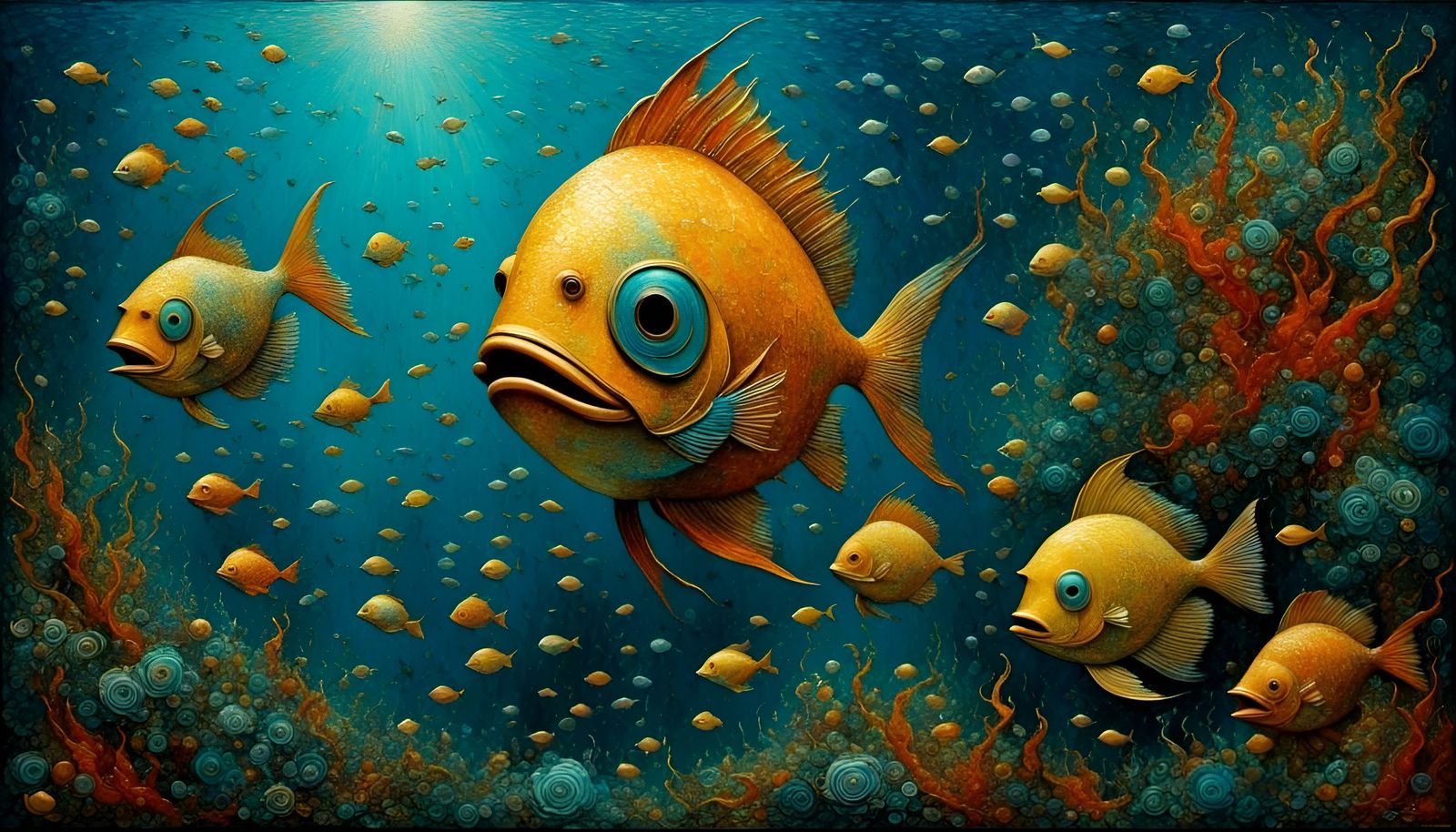Surreal Undersea Fish in Abstract Oil Painting