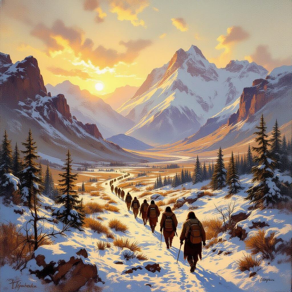 Early Humans Migrate Across Landscapes Oil Painting