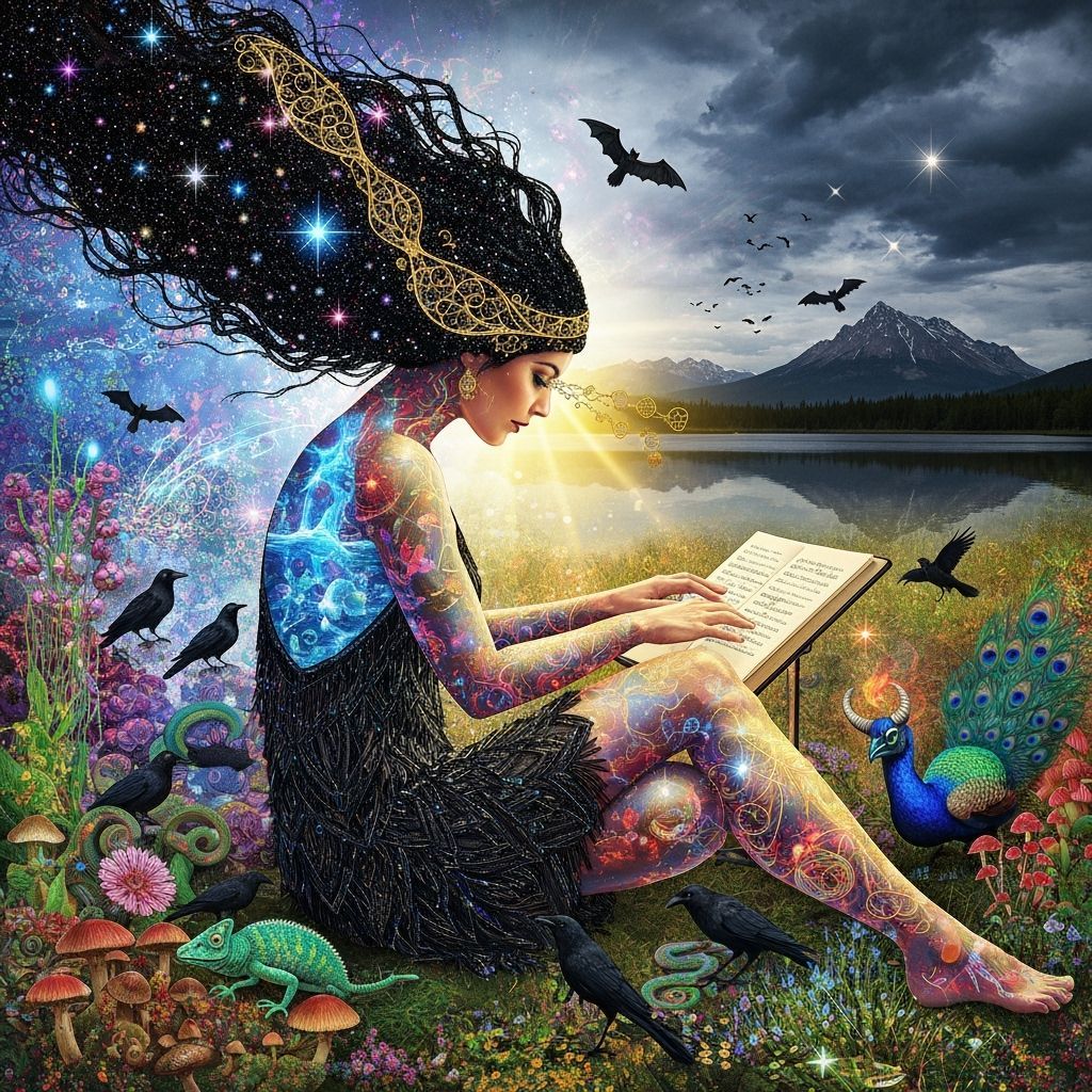 Woman Composing Music in Cosmic Stardust Garden