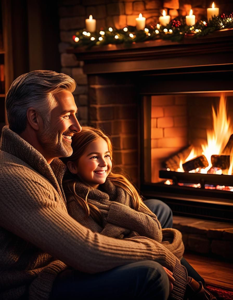the warmth of the family hearth in front of a cozy fireplace, beautiful smiles, a little girl and a little boy snuggled ...
