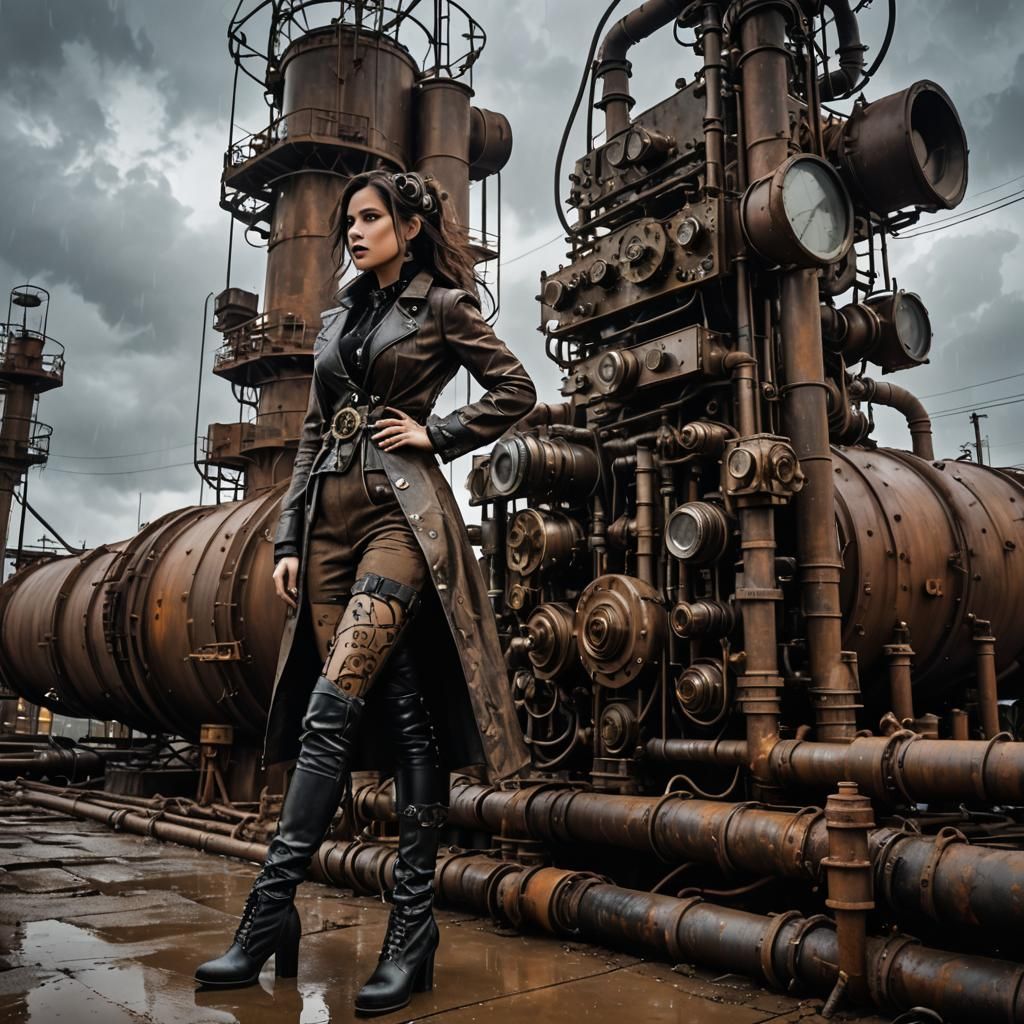 Steampunk Goth Model in Industrial Wasteland