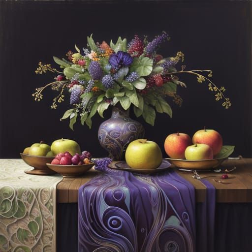 Art Nouveau Fruit Still Life in Jewel Tones