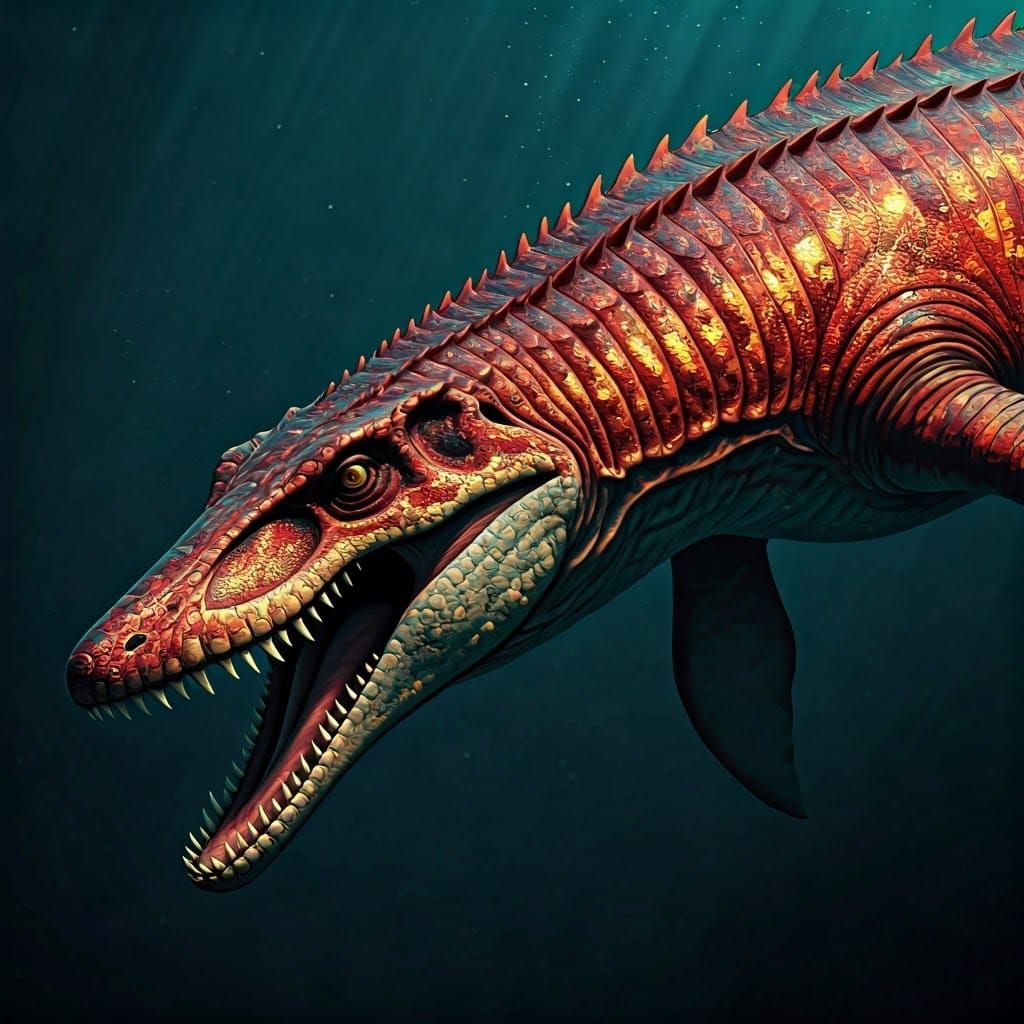 Mosasaurus with Red Opal Skin in Comic Book Style