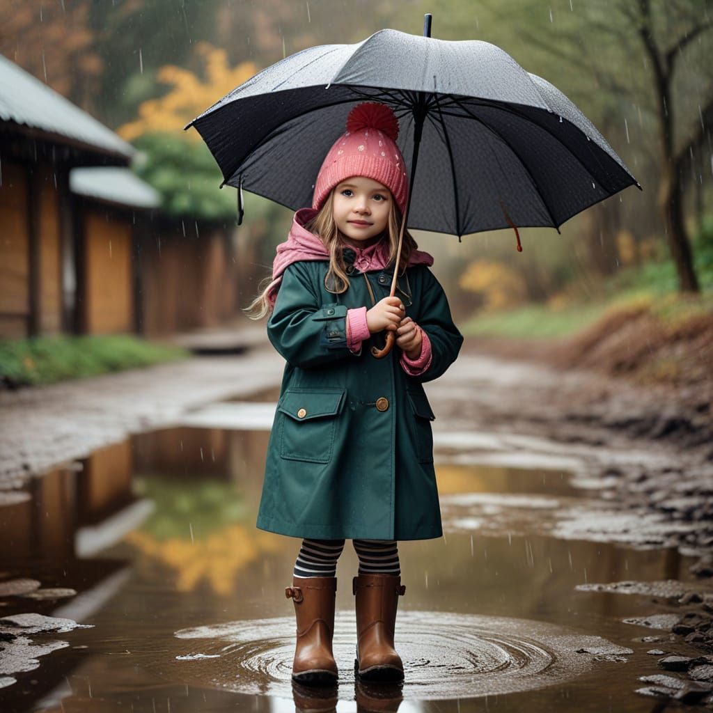 Girl with Pom-Pom Hat Holds Umbrella by Puddle