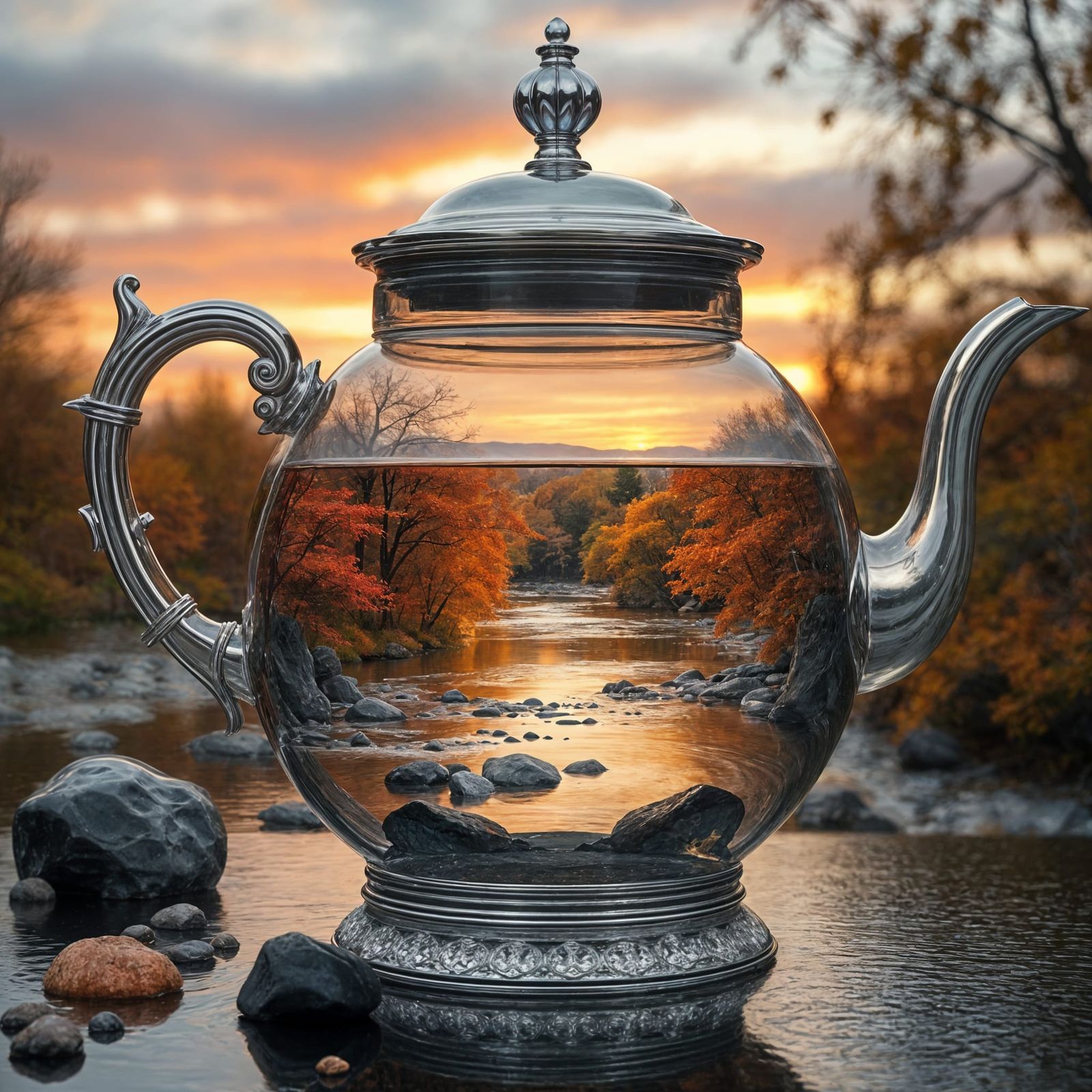 Autumn River Teapot: A Glass-Encased Landscape