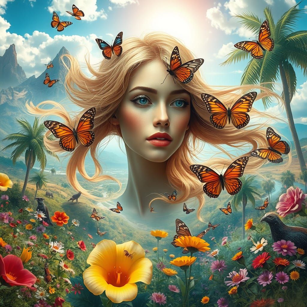 Hyper-Realistic Surrealist Goddess in a Vibrant Dream Landsc...