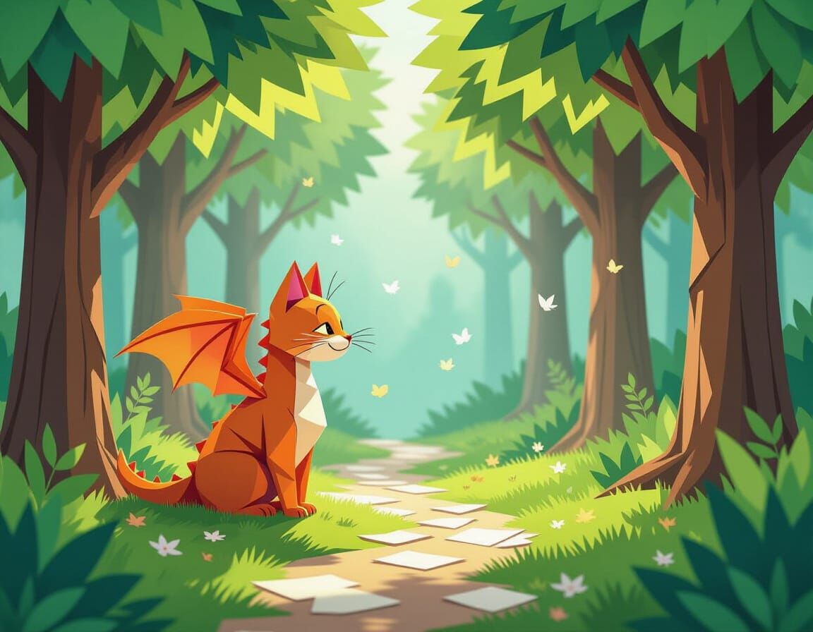 Origami Dragon-Cat Explores Paper Forest in Digital Painting