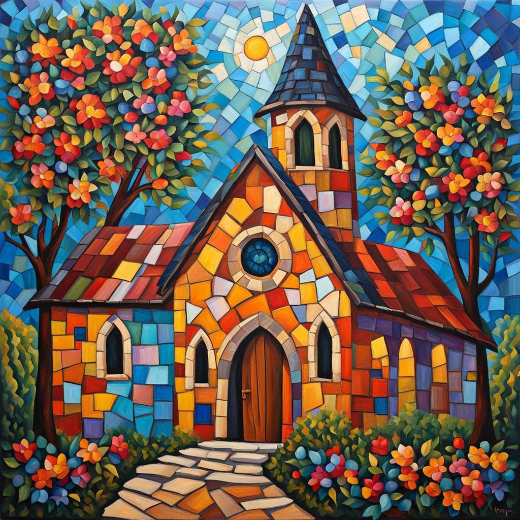 Hopeful Mosaic Church: Neo-Impressionist Oil Painting