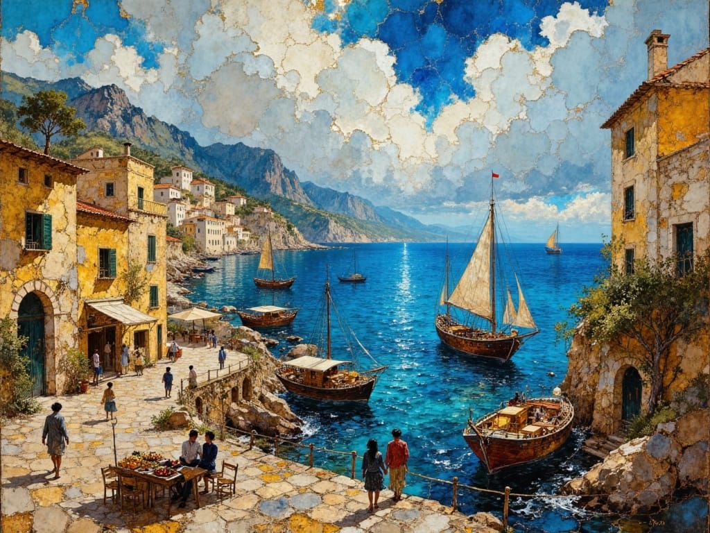 Bustling Mediterranean Port with Sailing Ships