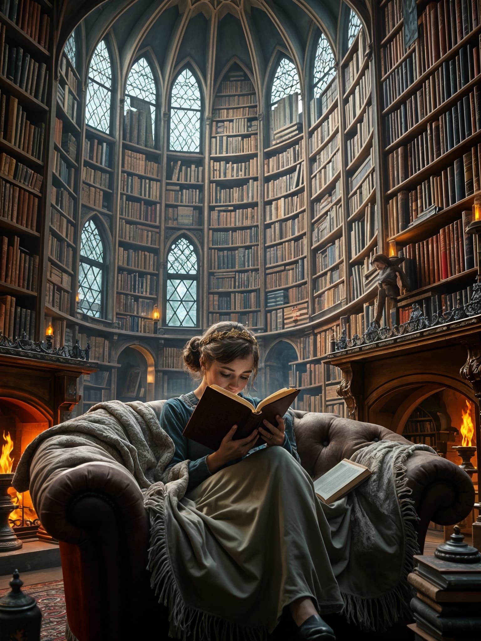 Victorian Woman Reading in Magical Library