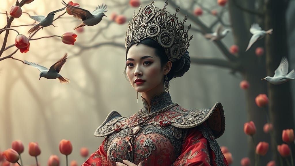 Ethereal Woman in Misty Forest, Futuristic Elegance