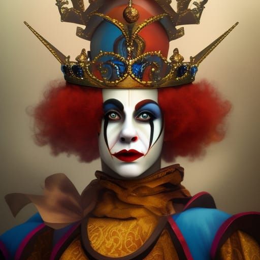 Harlequin Clown Queen on Throne, Digital Art