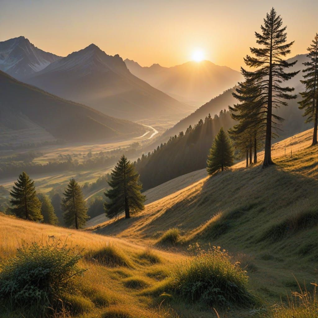 Sunrise Over Valley With Mountains and Trees