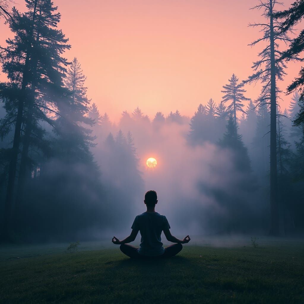 Person Meditating in Serene Forest Clearing at Dawn
