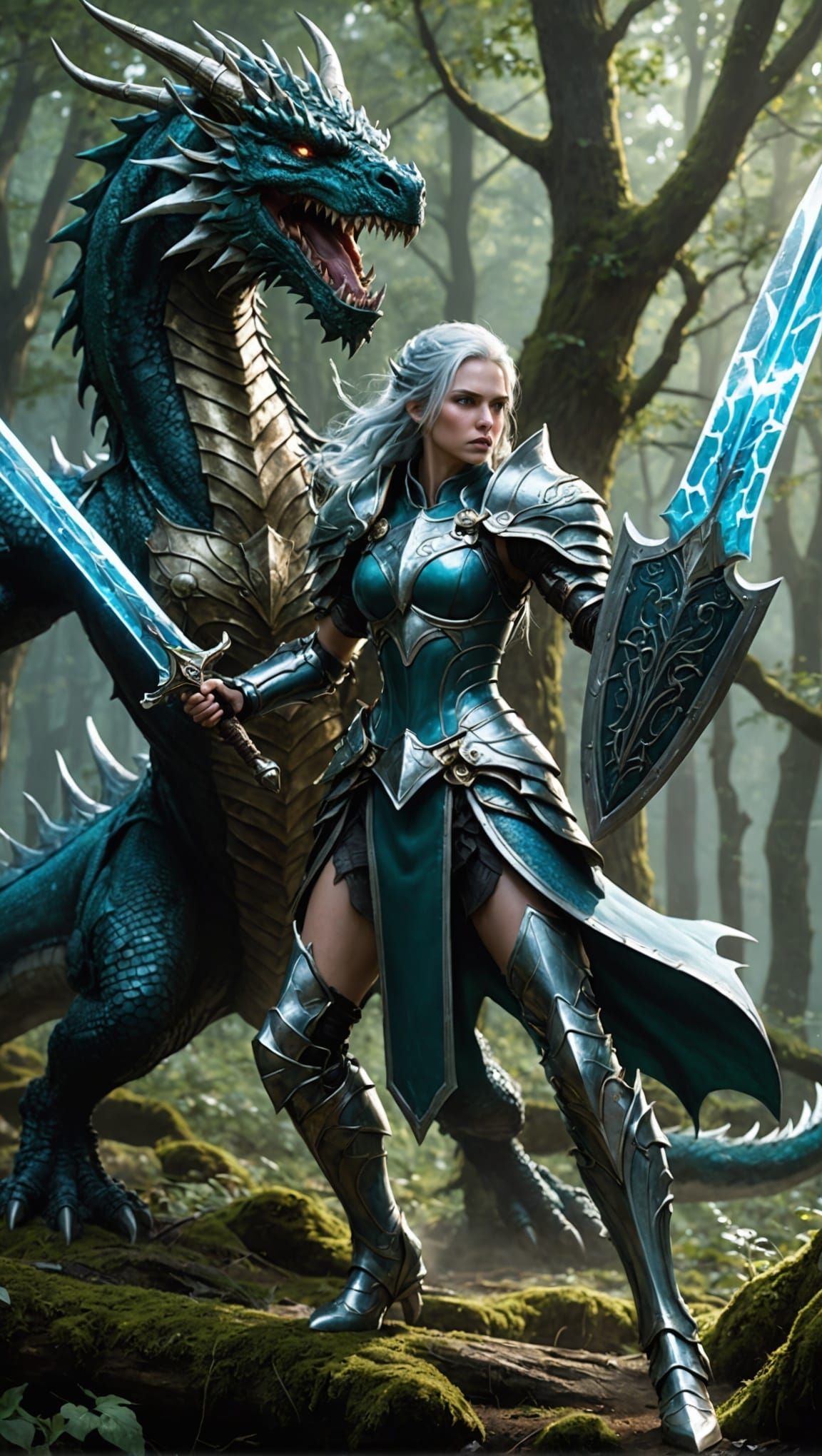 Armored Dragon Paladin in Magical Forest Battle