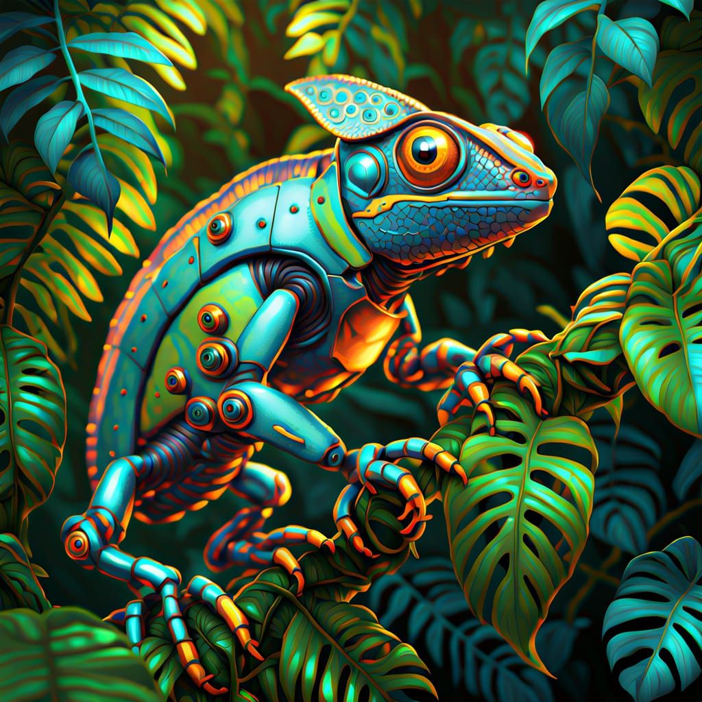 Hyperrealistic Robot Chameleon Blends into Jungle Vine
