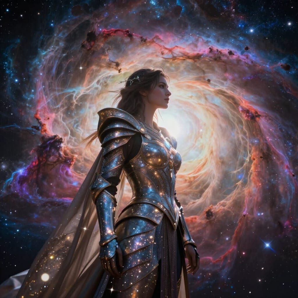 Celestial Warrior in Nebula, Photorealistic Cosmic Fantasy