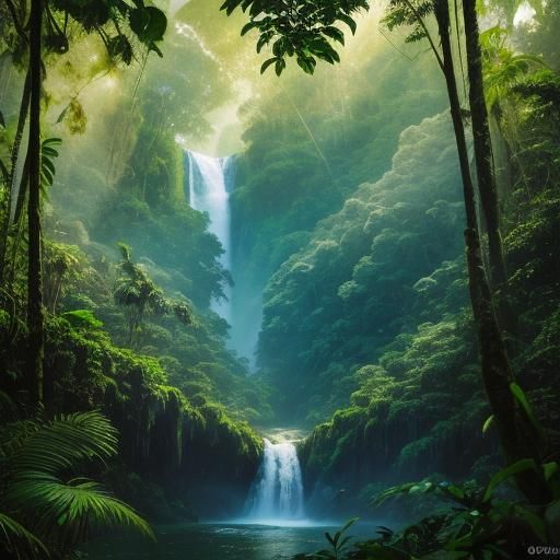 Lush Rainforest Waterfall in Golden Hour Light
