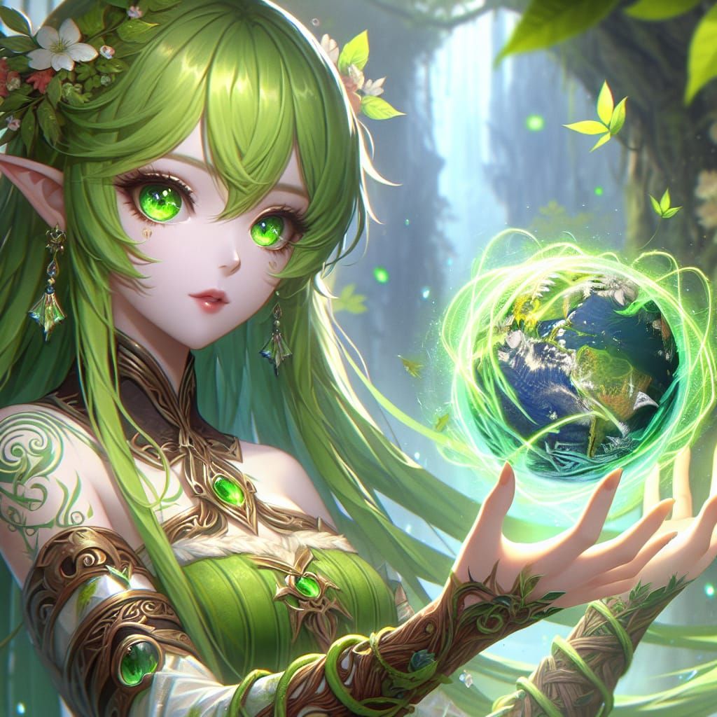 Anime Dryad Conjuring Earth Magic in Matte Painting