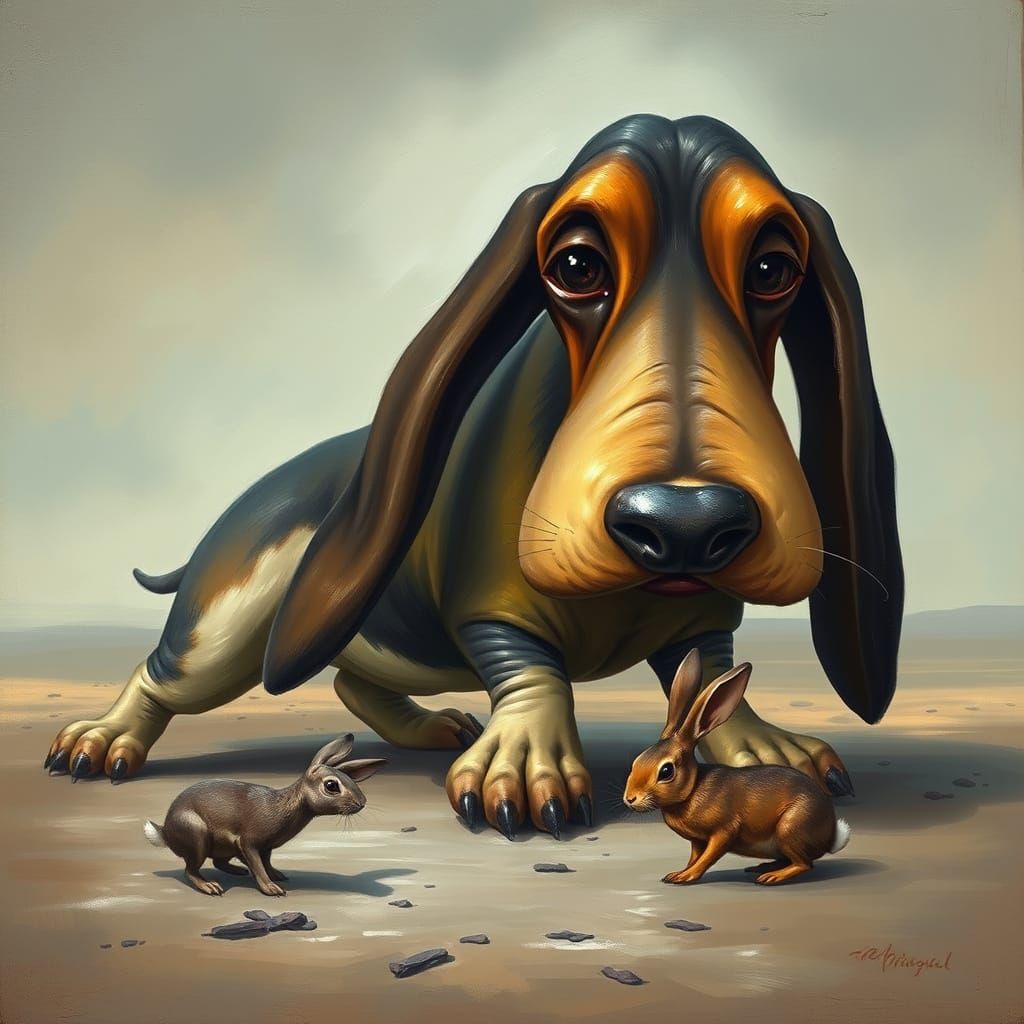 Surreal Basset Hound Chasing Rabbit in Dreamlike Landscape