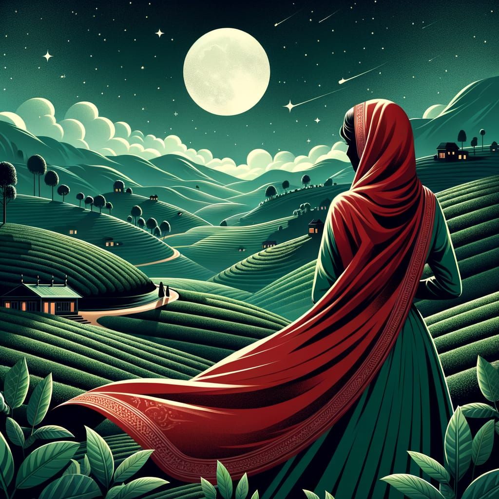 Woman in Red Saree Overlooks Moonlit Hills